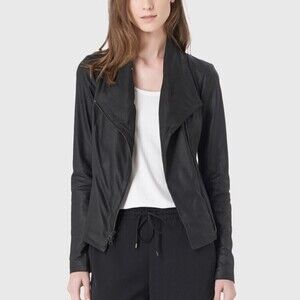 VINCE Black Paper Lamb Leather Scuba Draped Moto Jacket XS Minimal Quiet Luxury
